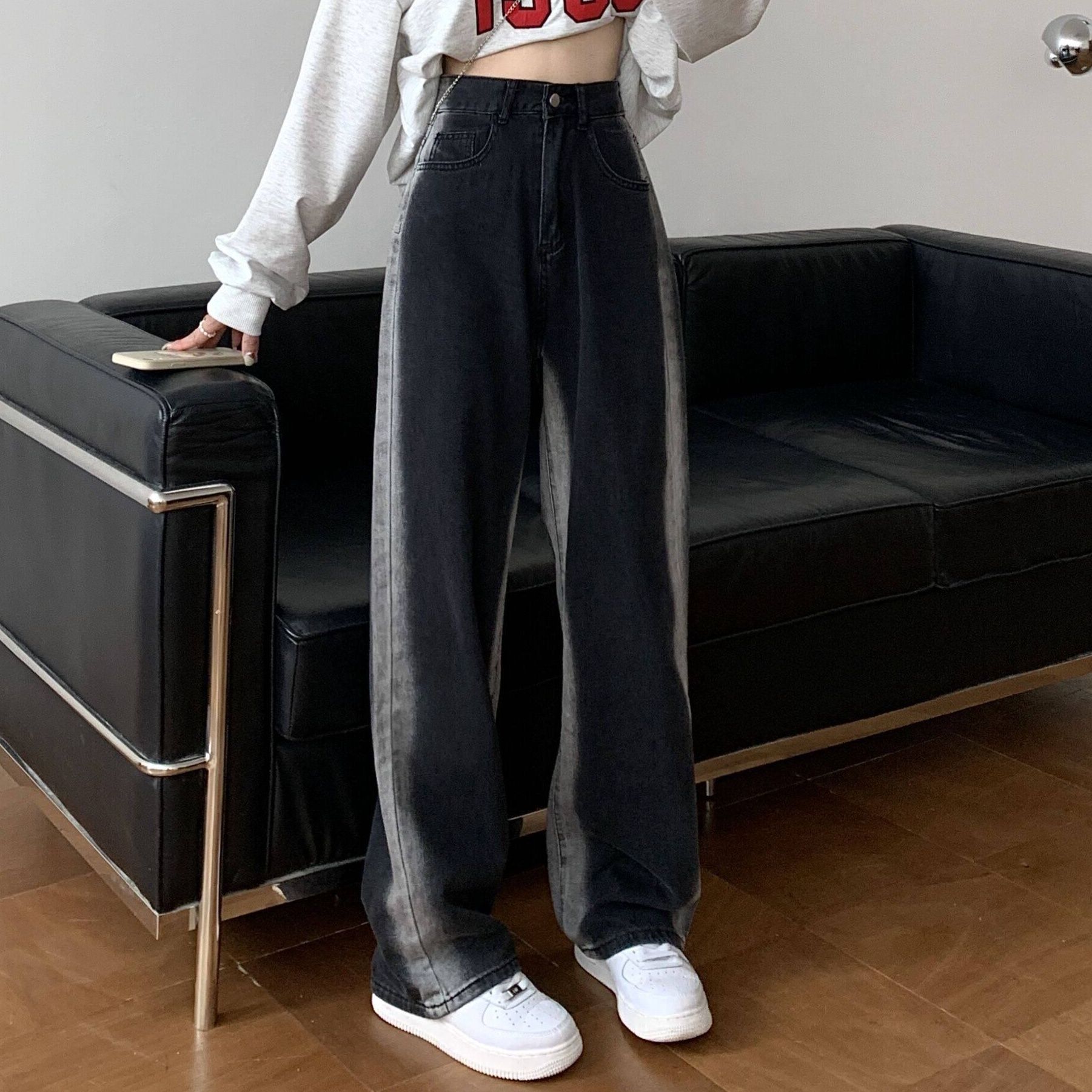 黒ファッション ハイウエストワイドデニムパンツ
