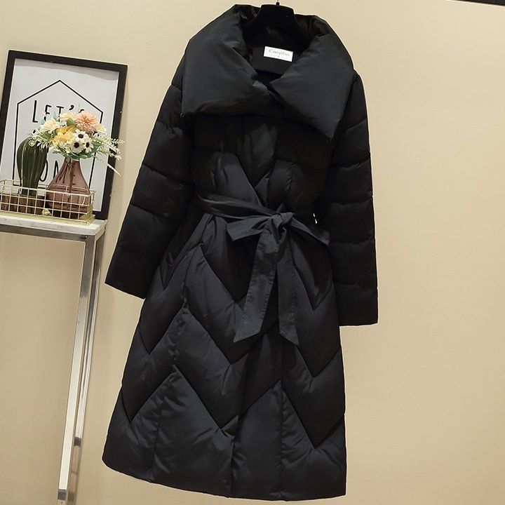 黒ファッション ダイヤキルティング中綿入りベルト付きロングコート