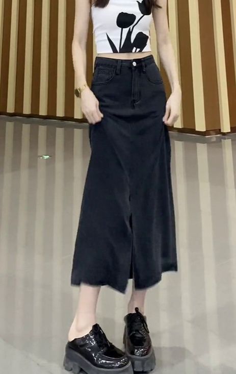 黒ファッション フロントスリットデニムロングスカート