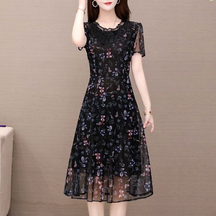 黒ファッション 花柄刺繍レース半袖ミディ丈ワンピース