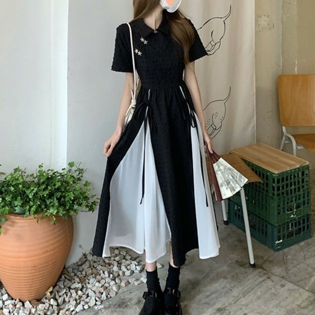黒ファッション チャイナボタン付き配色切替ロングワンピース