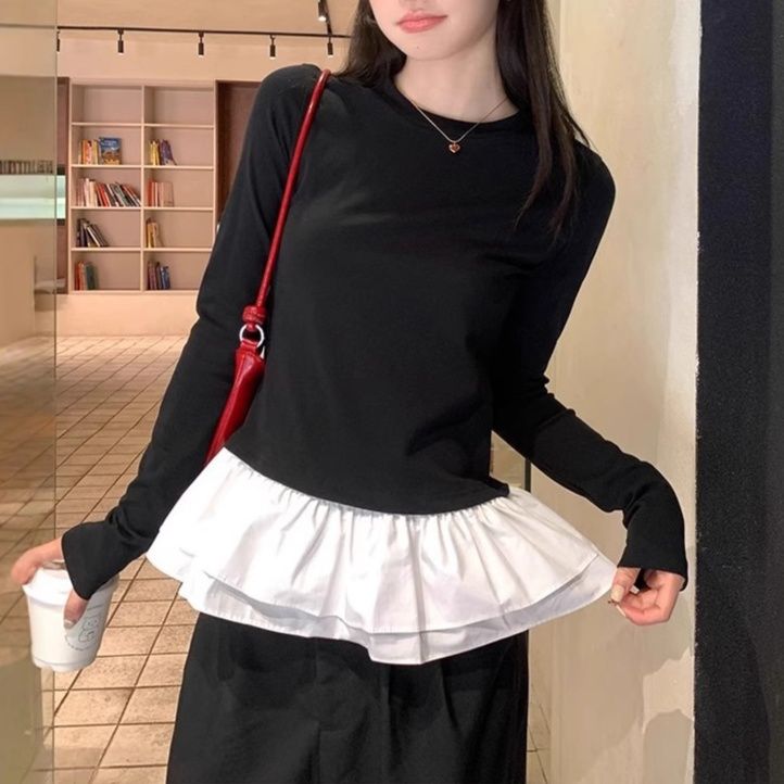 黒ファッション 裾フリル切替長袖Tシャツ