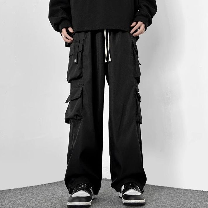 黒ファッション ワイドシルエット多ポケットカーゴパンツ