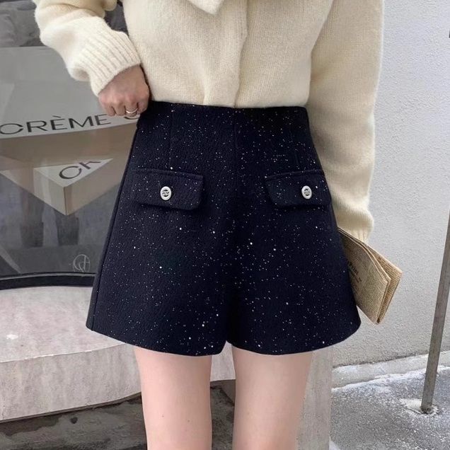 黒ファッション キラキラツイードハイウエストショートパンツ