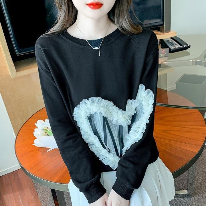 黒ファッション ハート型レースモチーフ長袖カットソー