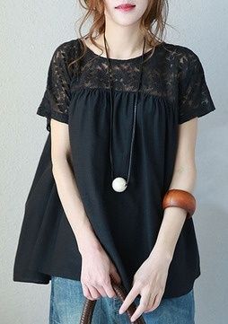 黒ファッション レース切替えフレアTシャツ ゆったり半袖トップス