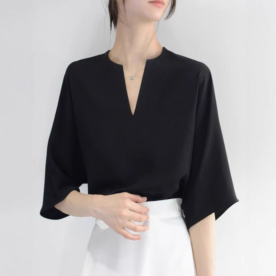 黒ファッション Vネック五分袖ゆったりシフォンシャツ
