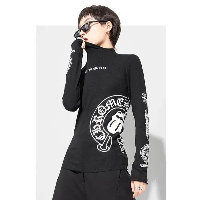 黒ファッション ゴシック柄プリント長袖ハイネックカットソー