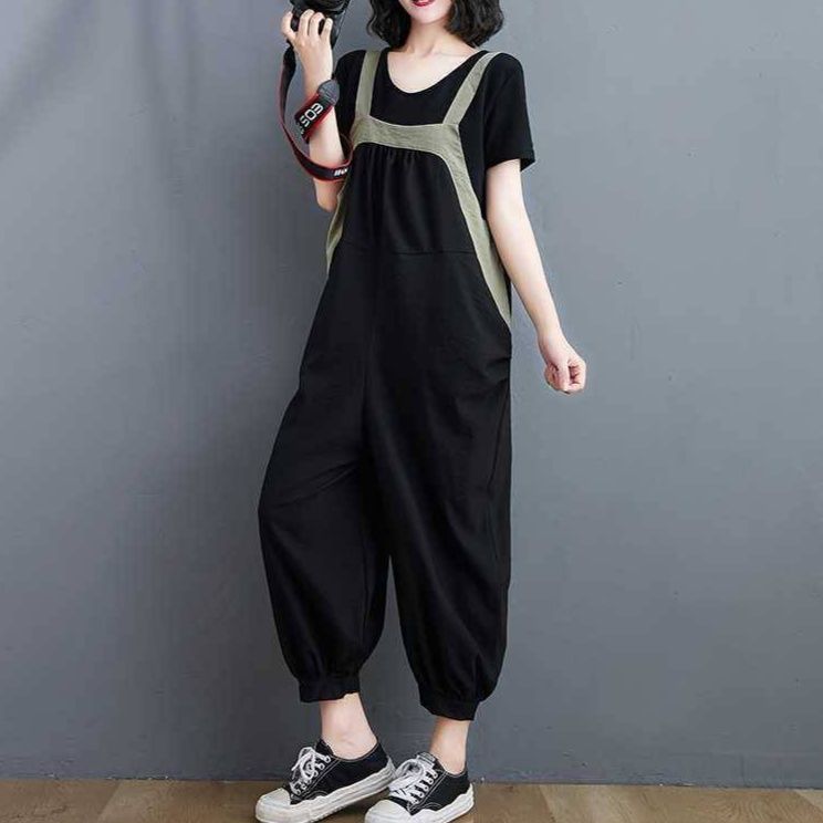 黒ファッション 配色サロペット風ゆったりオールインワン