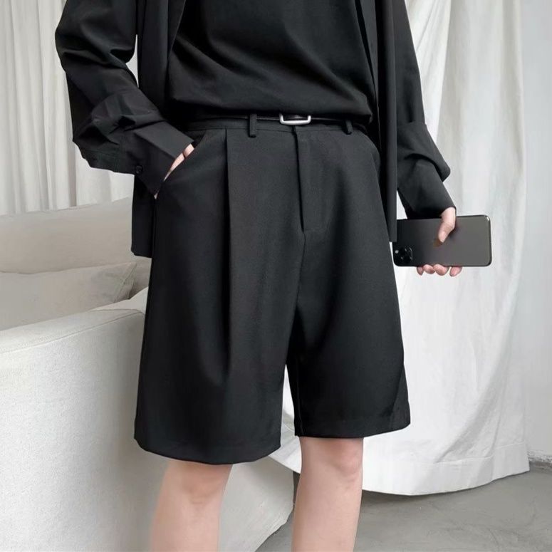 黒ファッション センタープレスワイドハーフパンツ