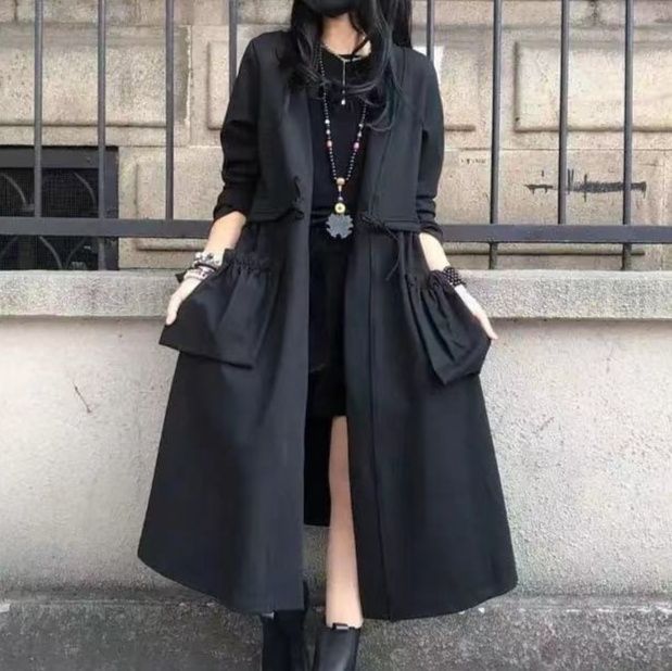 黒ファッション ギャザーポケット付きロング丈ウエストリボンコート