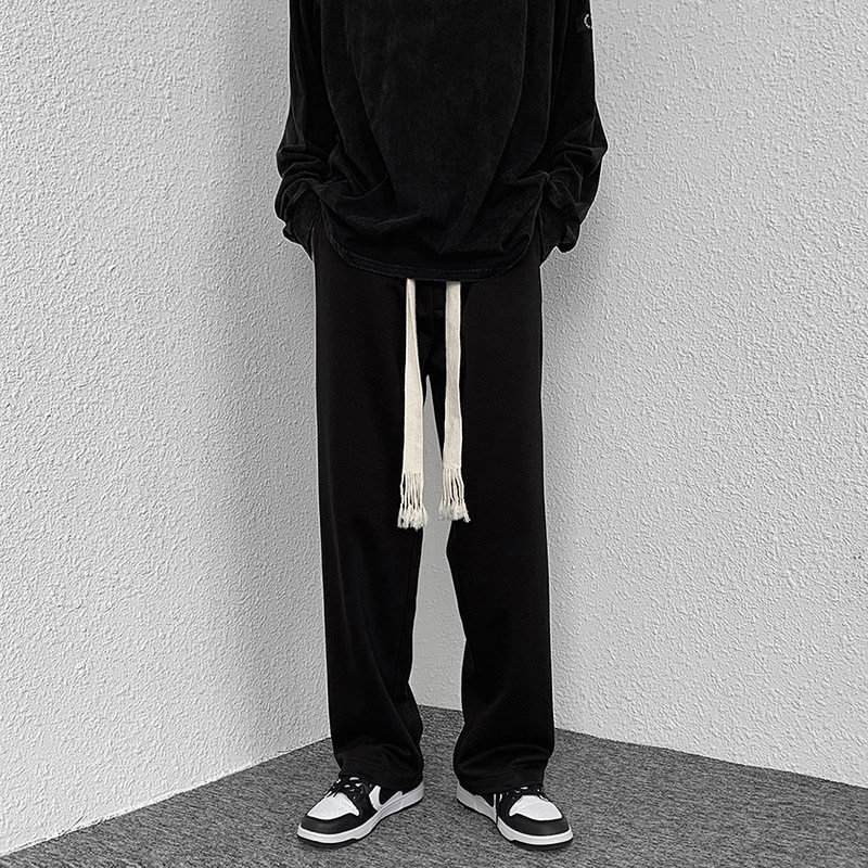 黒ファッション フリンジベルト付きストレートロングパンツ