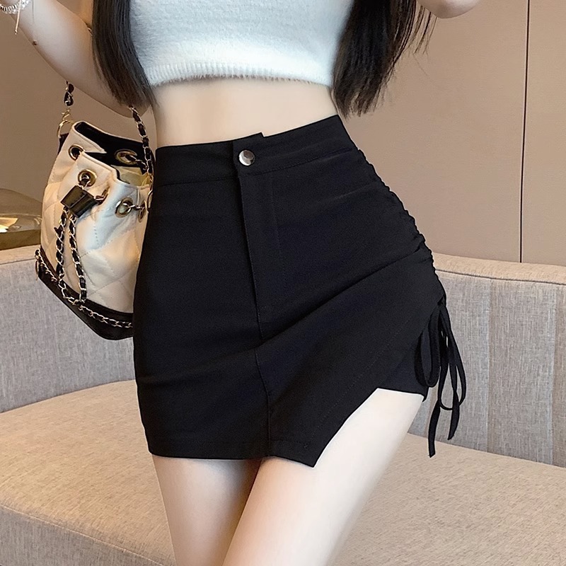 黒ファッション サイドリボンデザインレイヤード風ショートパンツスカート