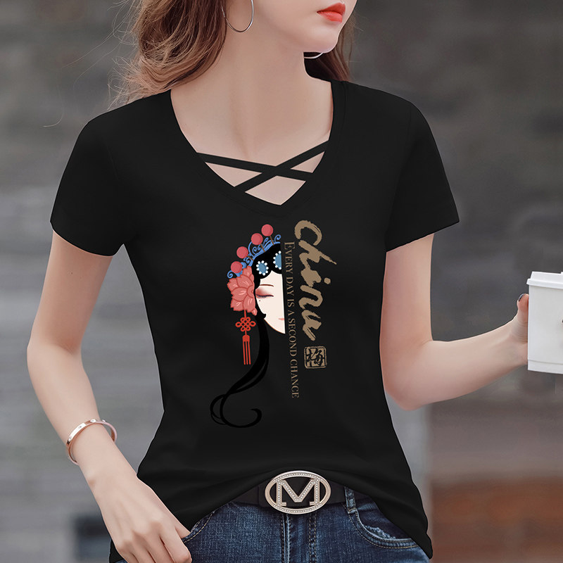 黒ファッション 京劇美人クロスネックデザイン半袖Tシャツ