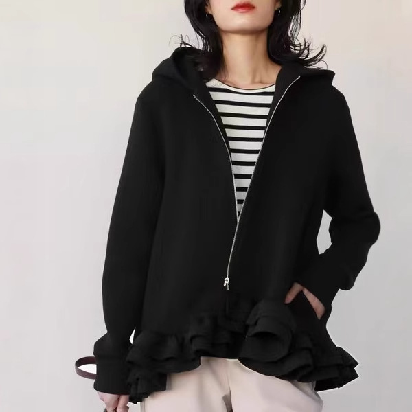 lululemon ブラック フリル裾パーカー S/P 黒ファッション フリル裾ジップアップフード付きパーカー パーカー|黒