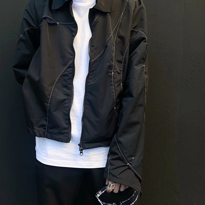 黒ファッション 立体ステッチデザインショートブルゾン