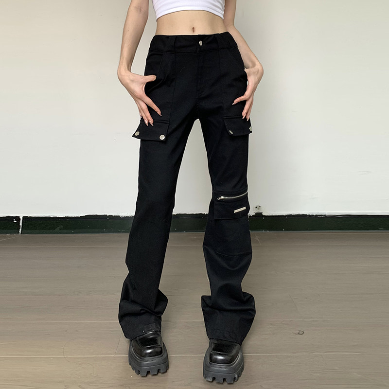 黒ファッション 多機能カーゴポケット付きストレートパンツ