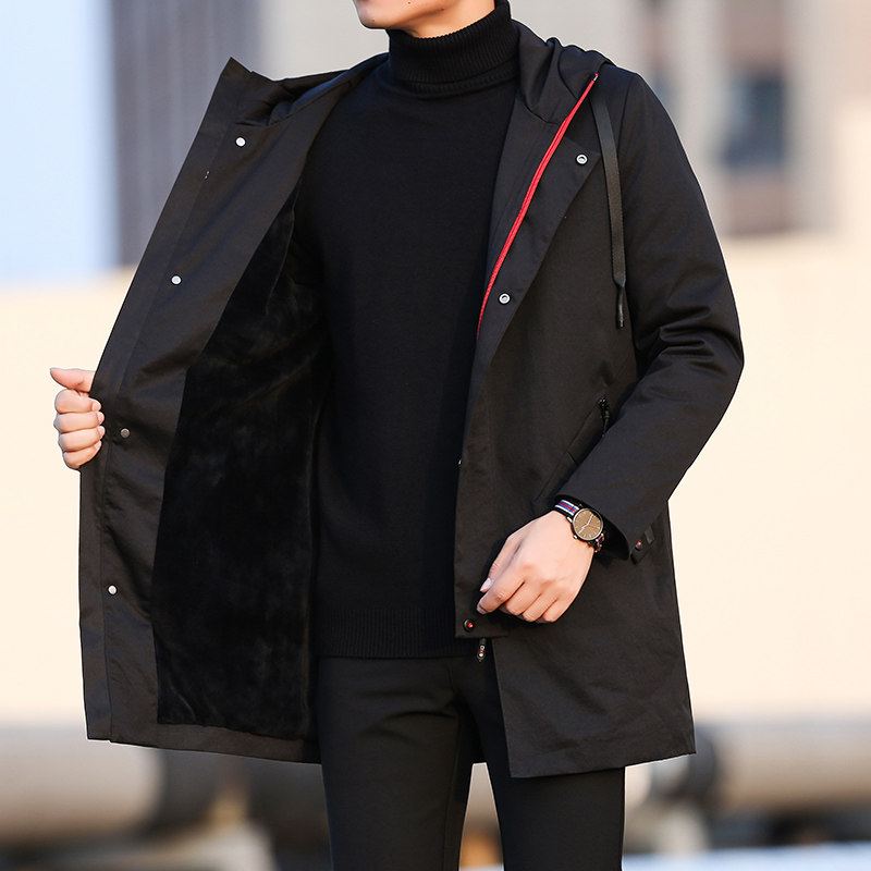黒ファッション フード付きスタンドカラーロング丈コート
