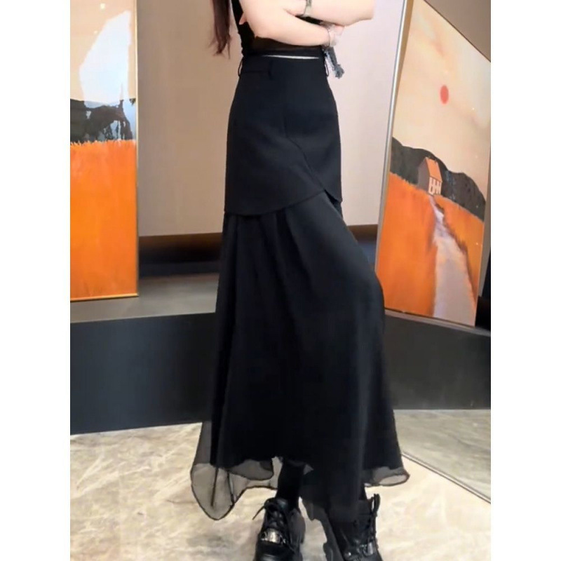 黒ファッション 非対称レイヤードシフォンロングスカート