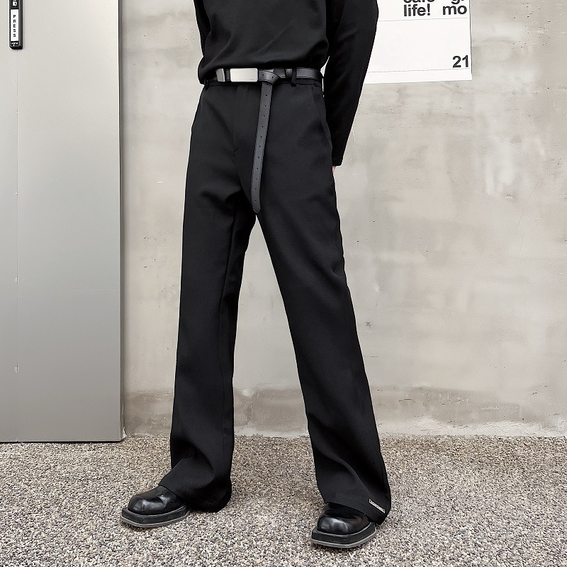 黒ファッション 配色テープベルト付きストレートワイドパンツ