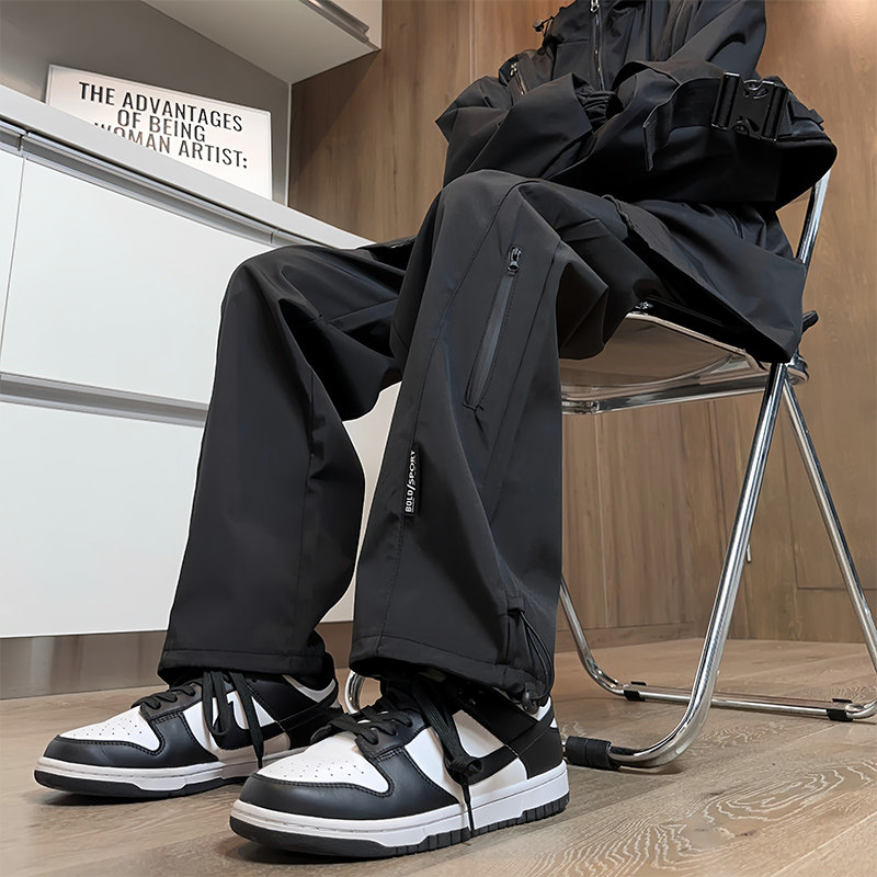 黒ファッション 機能的ジッパーポケット付きストリートワイドパンツ