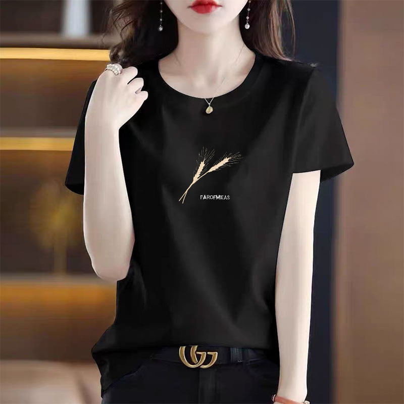 黒ファッション 麦穂ワンポイント刺繍半袖丸首Tシャツ