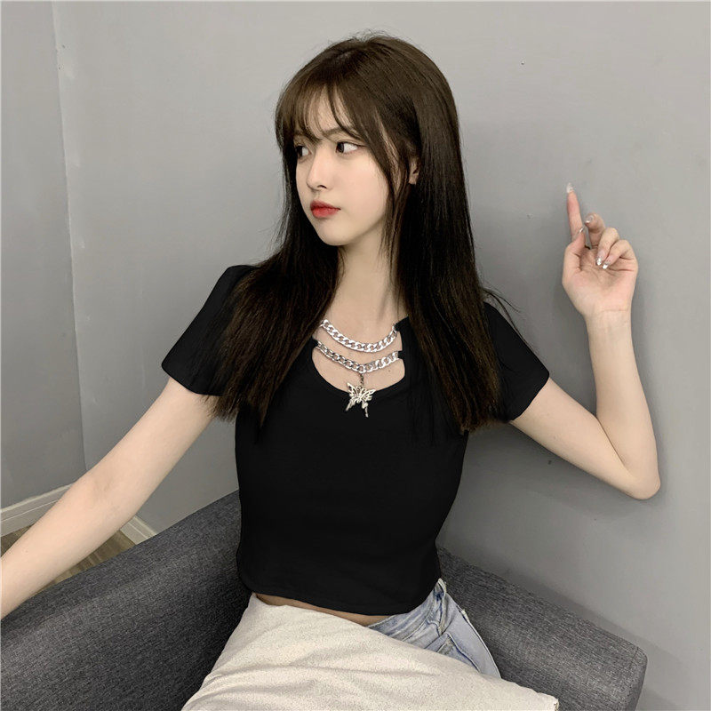 黒ファッション 深型スクエアネック半袖ショート丈Tシャツ