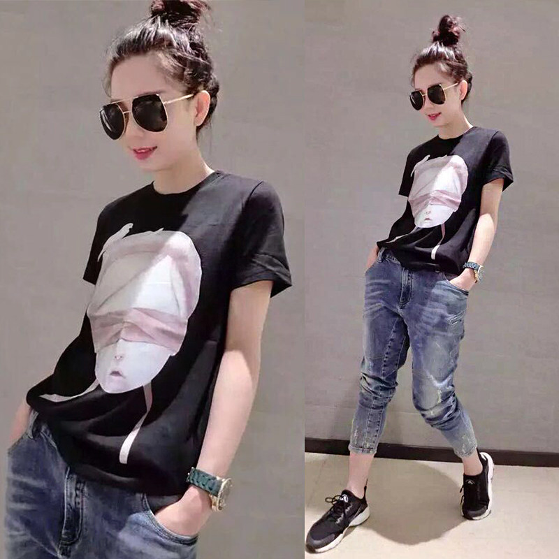 黒ファッション アート顔プリント半袖丸首Tシャツ