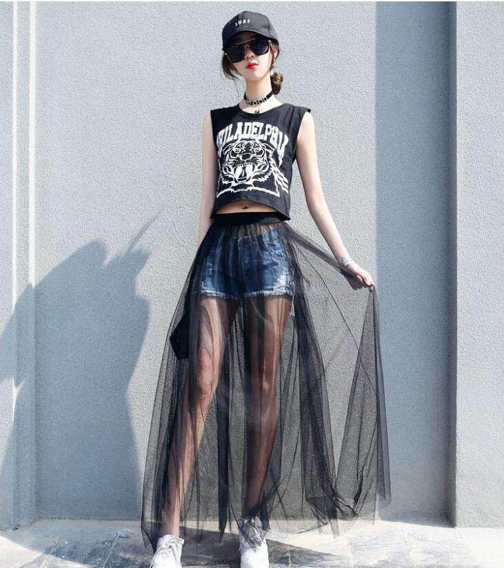 黒ファッション デニム重ね着風チュールロングスカート