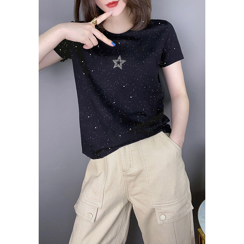 黒ファッション 星空きらめきラインストーン装飾半袖Tシャツ