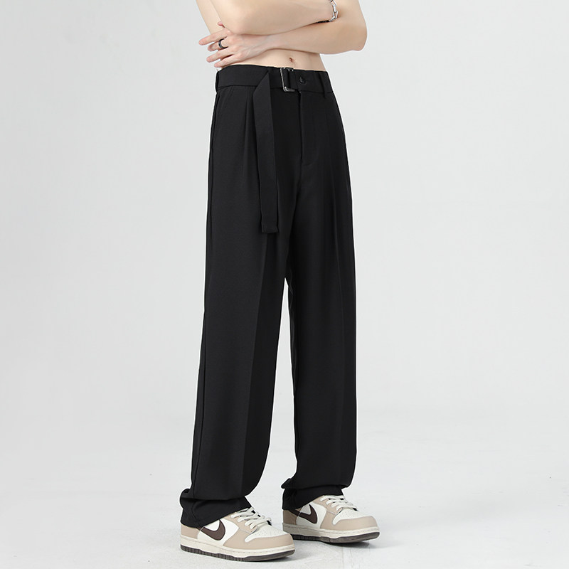 黒ファッション センタープレス入りワイドシルエットストレートパンツ