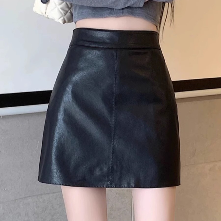 黒ファッション 合成皮革ハイウエスト台形ミニスカート
