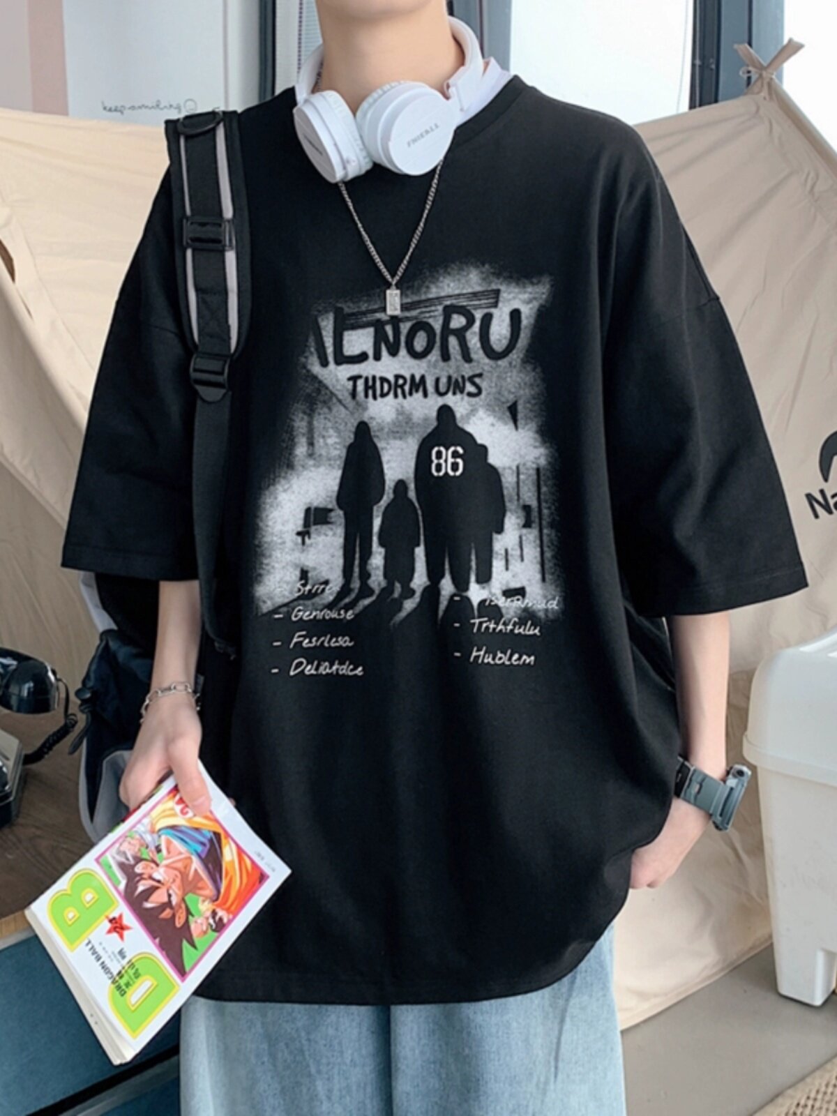 黒ファッション シルエットグラフィックオーバーサイズ半袖トップス