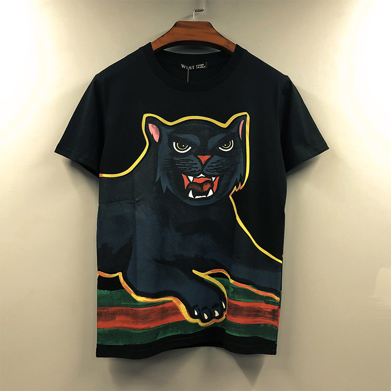 黒ファッション 猛獣黒豹プリント半袖Tシャツ