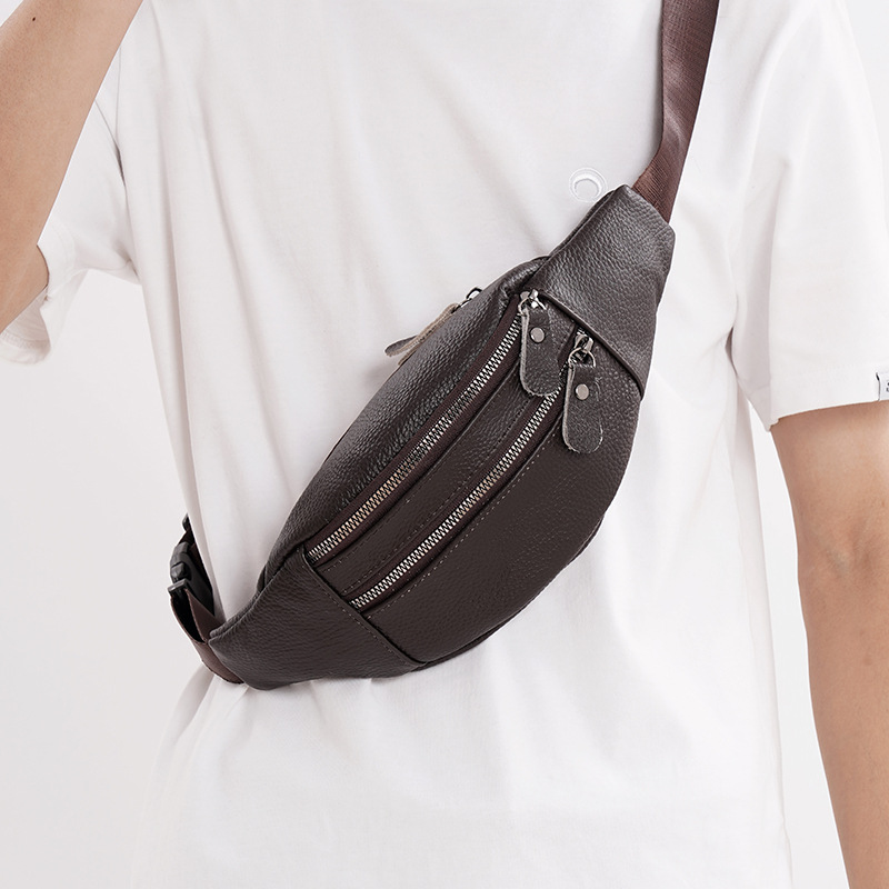 ウエストポーチ 本革ライチ型押しダブルジップウエストポーチ