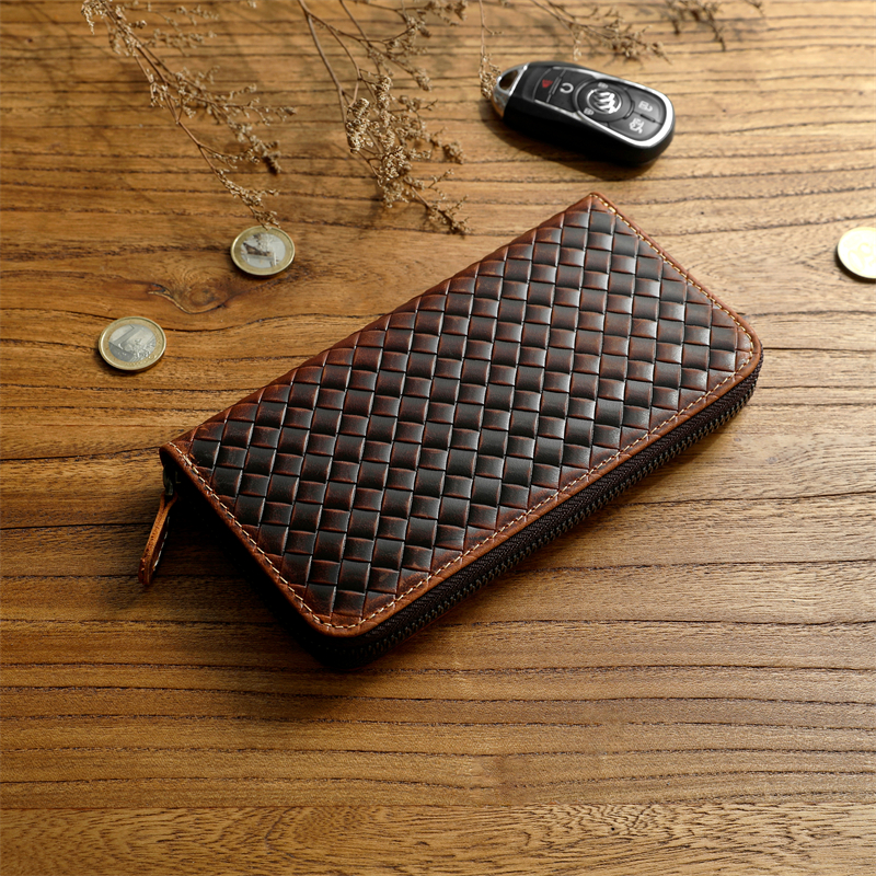 メンズ長財布 編み込みレザー長財布ラウンドファスナー