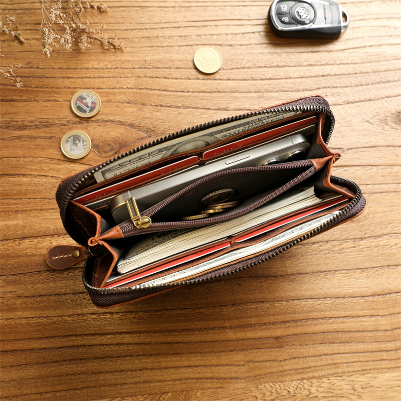 メンズ長財布 編み込みレザー長財布ラウンドファスナー