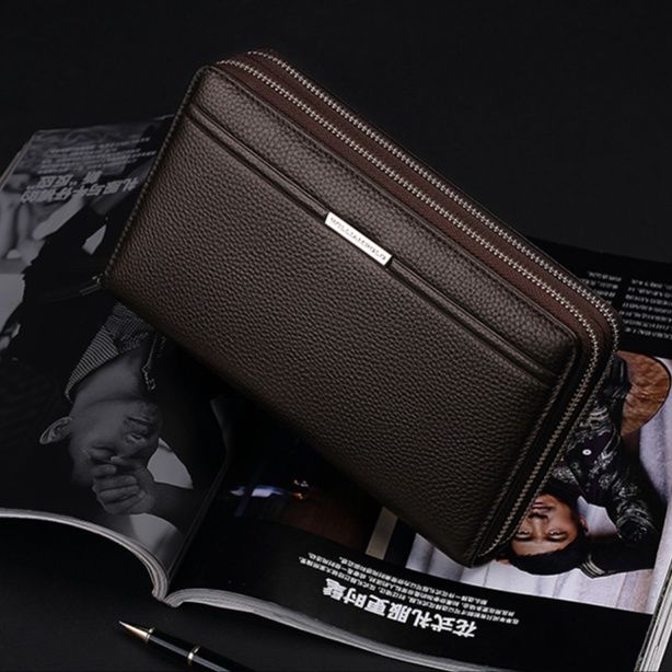 メンズ長財布 上品な型押し二重ファスナー長財布