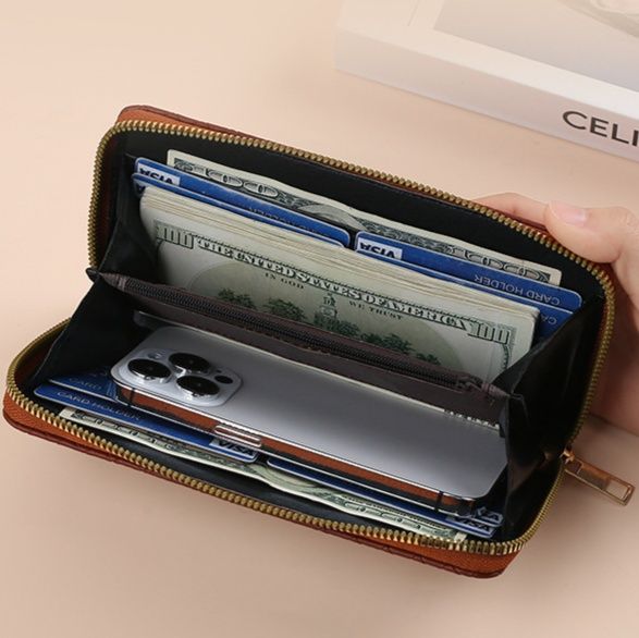メンズ長財布 編み込み本革薄型長財布ラウンドファスナー