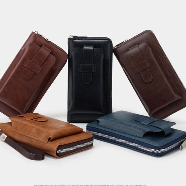 メンズ長財布 薄型本革ラウンドファスナー長財布ストラップ付き