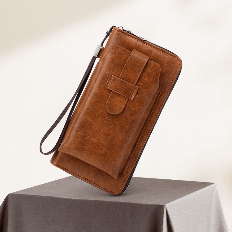 メンズ長財布 薄型本革ラウンドファスナー長財布ストラップ付き