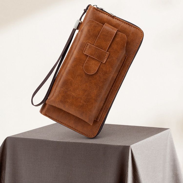 メンズ長財布 薄型本革ラウンドファスナー長財布ストラップ付き