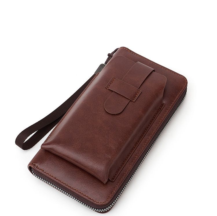 メンズ長財布 薄型本革ラウンドファスナー長財布ストラップ付き