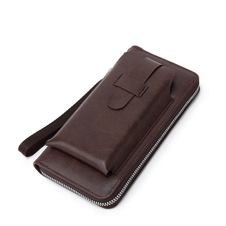 メンズ長財布 薄型本革ラウンドファスナー長財布ストラップ付き