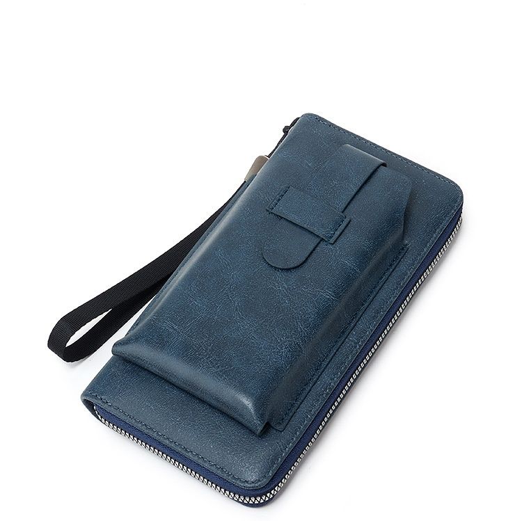 メンズ長財布 薄型本革ラウンドファスナー長財布ストラップ付き