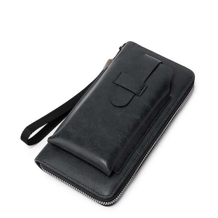 メンズ長財布 薄型本革ラウンドファスナー長財布ストラップ付き