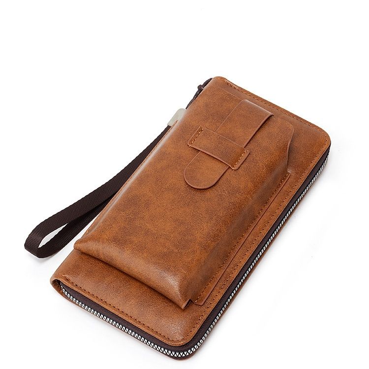 メンズ長財布 薄型本革ラウンドファスナー長財布ストラップ付き