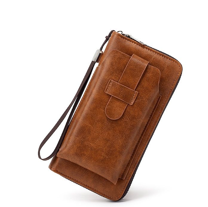 メンズ長財布 薄型本革ラウンドファスナー長財布ストラップ付き