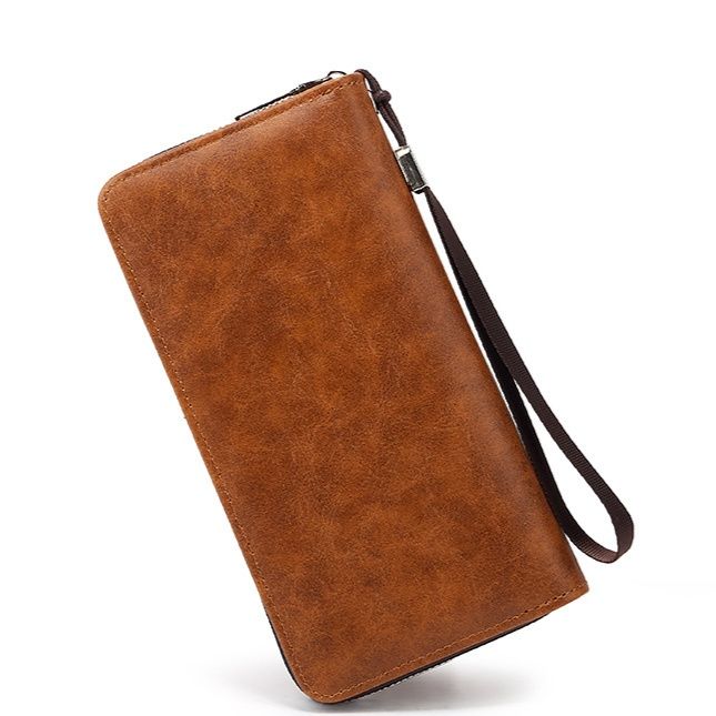 メンズ長財布 薄型本革ラウンドファスナー長財布ストラップ付き