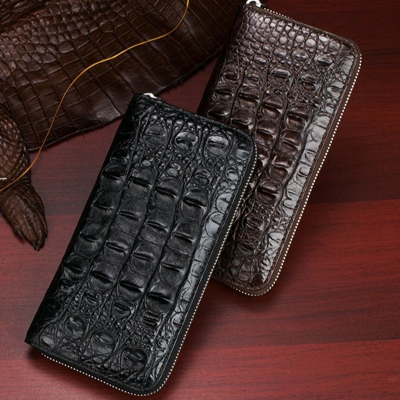 メンズ長財布 高級クロコダイル型押し薄型ラウンドファスナー長財布